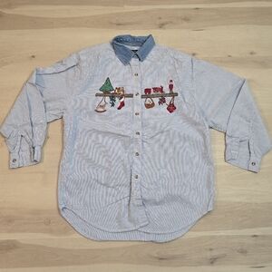 Vtg Solutions Women Cotton M Christmas Embroidered ButtonUp Shirt Striped Collar